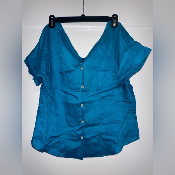British India 100% linen buttoned blouse in Peacock Blue - Picture 1 of 3